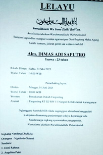Dimas Adi Saputro Meningal Dunia dalam usia Masih Muda